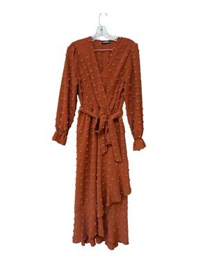 Rust Boho Wrap Midi Dress Textured Swiss Dot Tie Waist Small BTFBM